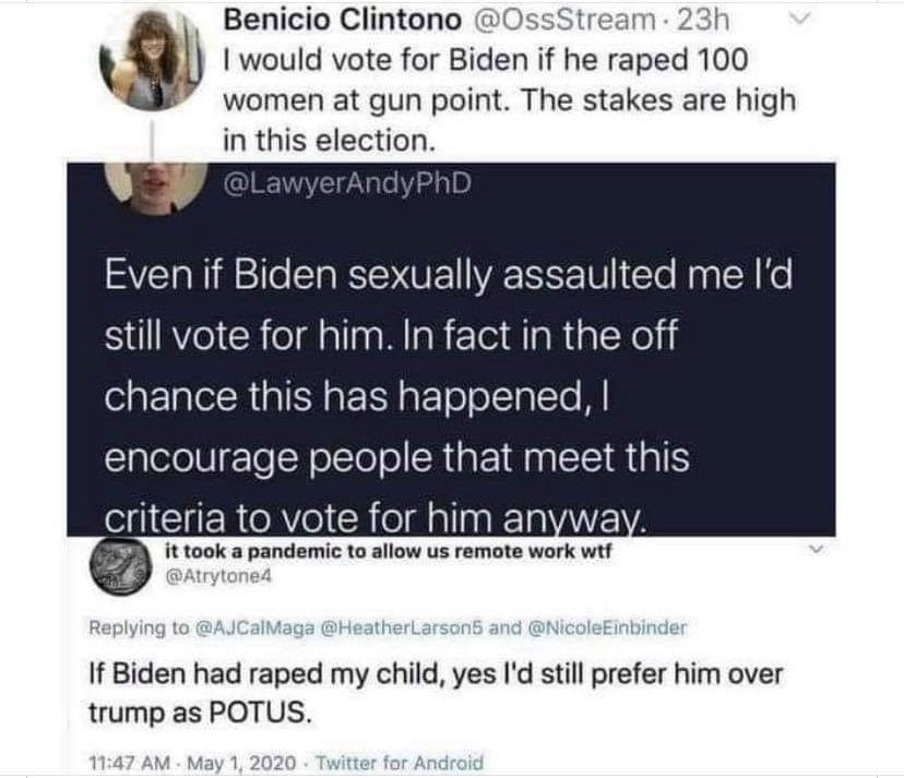 jmwamp's tweet image. When you tweet “not voting for Biden makes you as irresponsible as not wearing a mask” this is the kind of person I imagine you are #hyperbole | #accountability