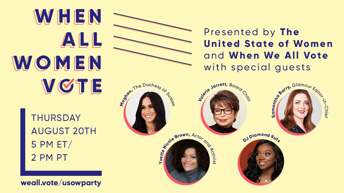 📣 We are SO excited to announce that ✨ Meghan, The Duchess of Sussex ✨ is joining the #WhenAllWomenVote Couch Party with @USOwomen, @glamourmag's @samanthabarry, @ValerieJarrett, @YNB, and @djdiamondkuts 🗳

RSVP NOW to save your spot→ weall.vote/usowparty