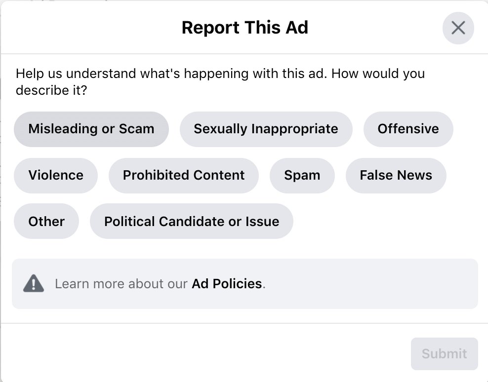 First, there isn't option for advertiser pretending to be somebody else. And suspicious ad can be several of these things. Is something worse than other?