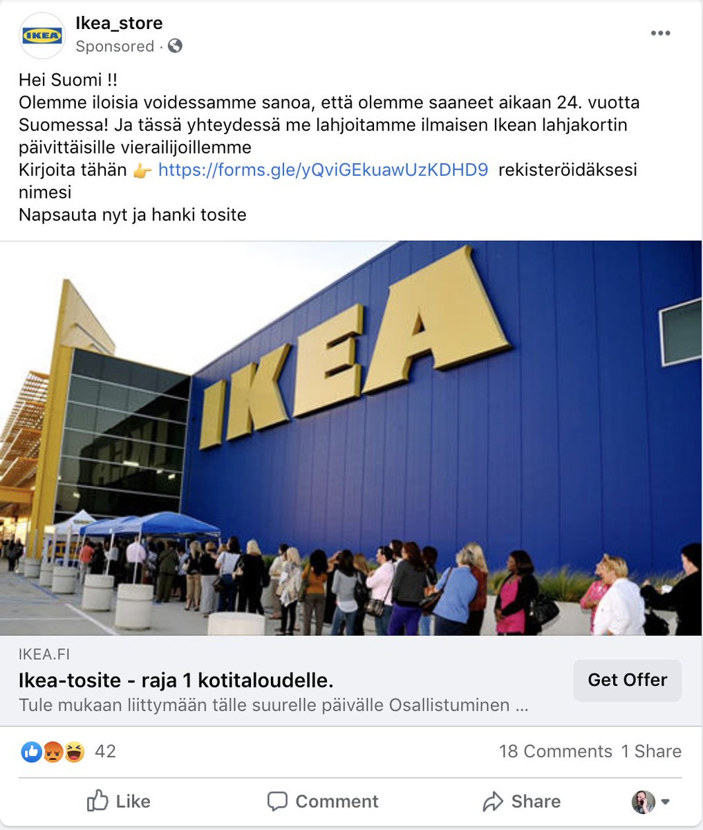 Another kind of scam that appears quite often on my timeline: "Ikea" or "Lidl" offering store credits. Of course it's not Ikea. I report these every time I see them, but first of all reporting is not really as good as it could be.