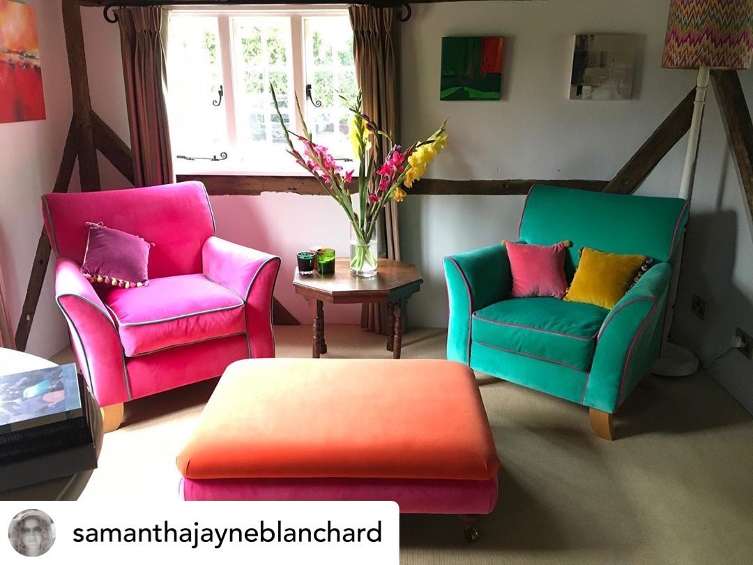 Always lovely to get tagged in in situ pics and to work with awesome clients who aren’t afraid of colour!
.
@samanthajayneblanchard Loving my old scruffy armchairs Russell and I bought for our very first flat, reupholstered by @chairrepairworkshop so beautifully!