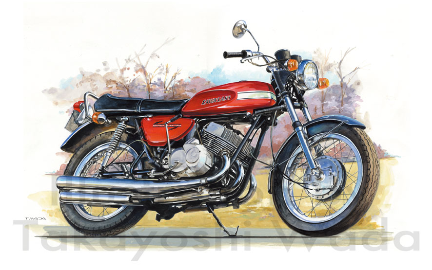 「#バイクの日
1970 Kawasaki 500SS/アクリル画 」|Flavor Wada 4/10~4/16二人展のイラスト