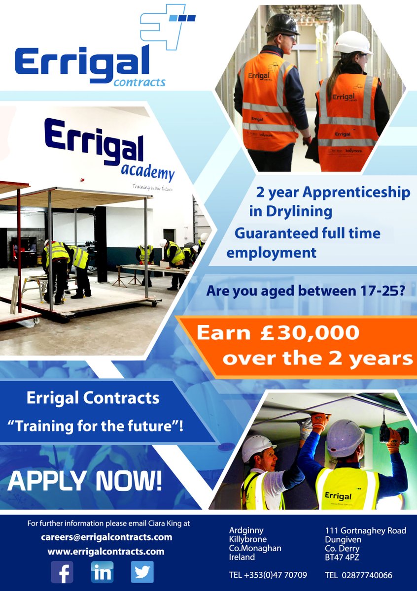 ErrigalGroup's tweet image. Closing date for applications for our next intake of apprentices is approaching. We look forward to meeting all those who have committed to starting their future career in the industry. For more info contact careers@errigalcontracts.com #trainingforthefuture #apprenticeships