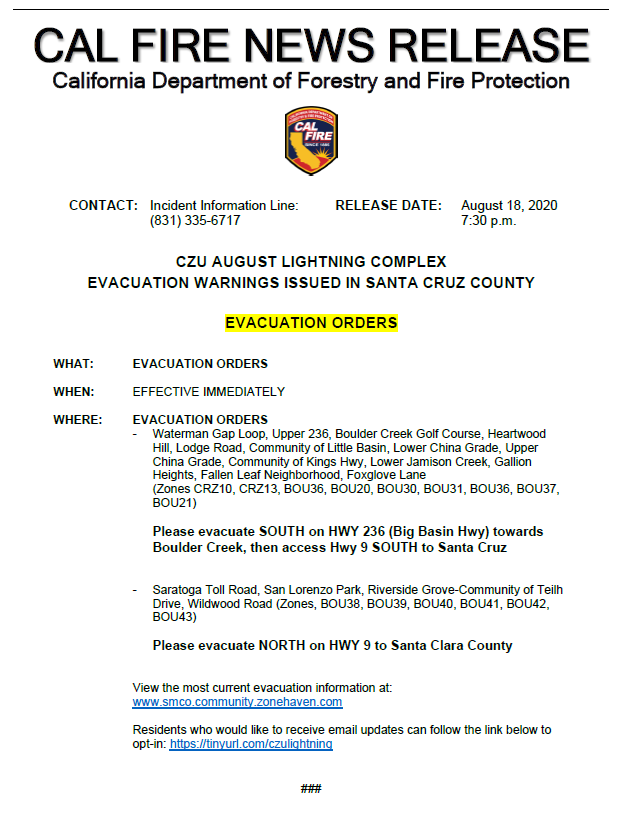 EVACUATION ORDERS in SANTA CRUZ COUNTY