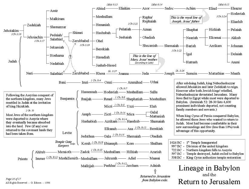 Genealogy family tree chart that shows the lines that were in and also left Babylonian Captivity
