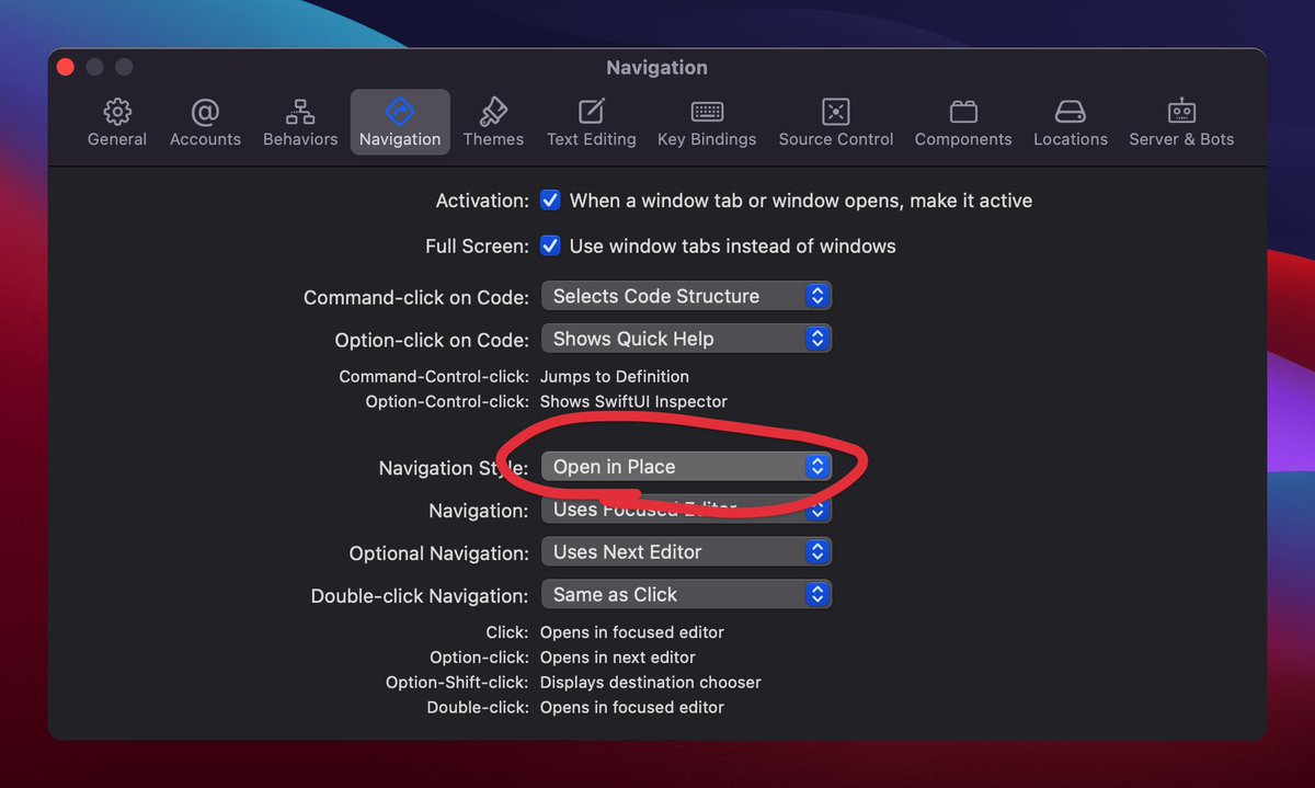 ethanhuang13's tweet image. 如果你還不知道怎麼關掉 Xcode 12 的雙 Tab Bars 的話，在設定裡把 Navigation Style 改回 Open in Place #XcodeTips