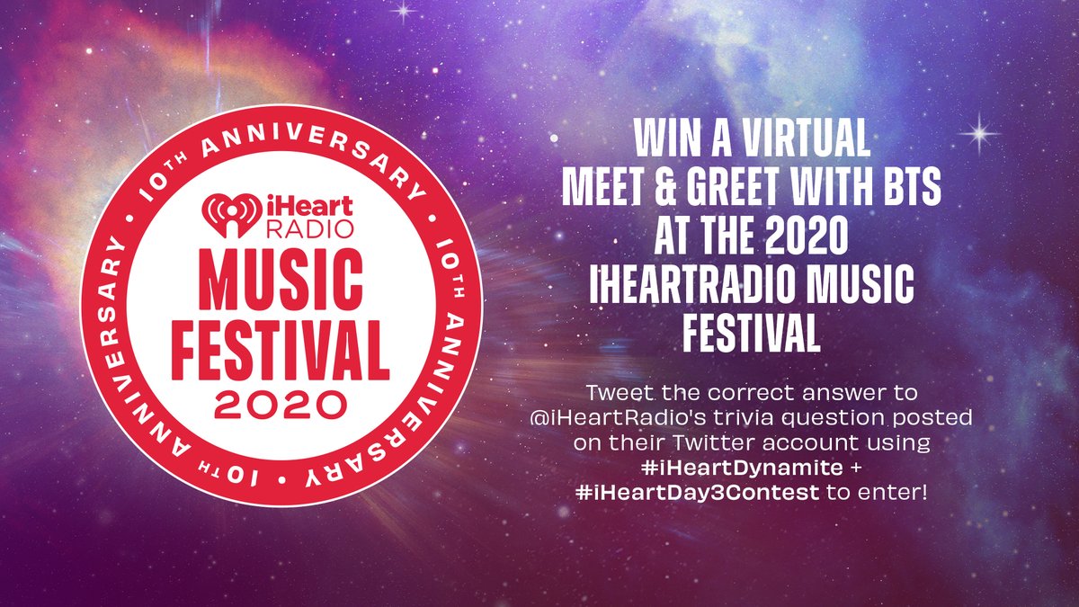 Trivia Question: What was the exact date of BTS’ iHeartRadio LIVE Show in NYC? 💜

Tweet us the correct answer using #iHeartDynamite + #iHeartDay3Contest to enter! You could win a virtual meet and greet with BTS at our 2020 #iHeartFestival!

@bts_bighit // @BTS_twt