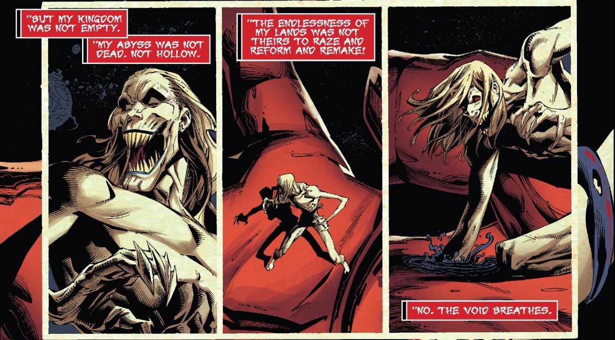 He would then wage a war against the light and celestials for the invasion of his dark kingdom, cutting off the head of a celestial in the process, with a blade pulled from his own shadow. Forging the sword in celestial fire, he would go on to create All-Black the Necrosword.