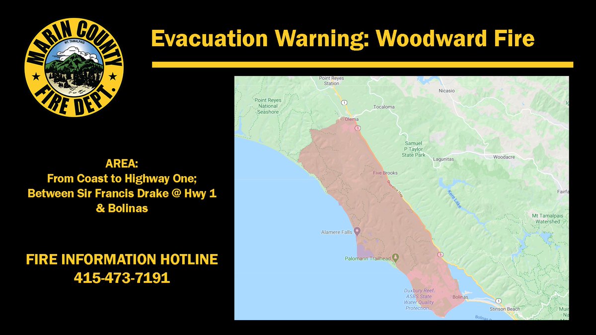 marincountyfire's tweet photo. Evacuation Warning: There is a 700 acre fire burning West of Olema. Please gather medications, pets, critical papers, and be prepared to evacuate quickly if necessary. The evacuation warning area is in the map below. We will update you if evacuation is necessary. https://t.co/7S3upBuJTh