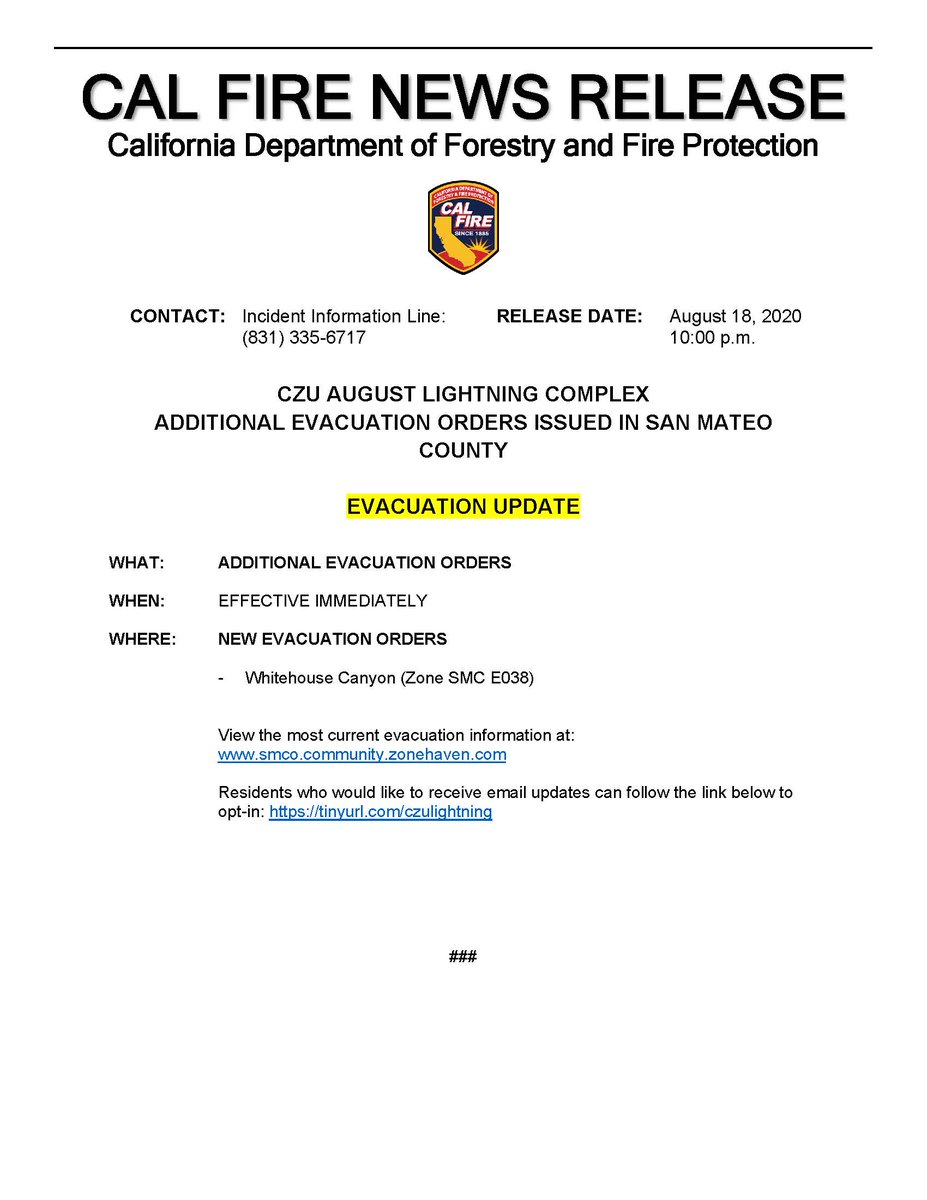 CAL_FIRE's tweet image. #CZUAugustLightingComplex EVACUATION UPDATE for Whitehouse Canyon in  San Mateo County. @CALFIRECZU