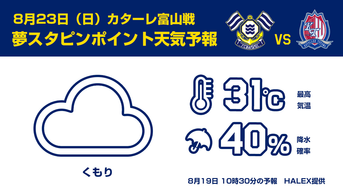 Fc今治 8月23日 日 ホームゲーム お天気情報 Halexの夢スタピンポイント予報は くもり 降水確率40 最高気温31度となっております 座席のクッションや帽子など熱中症対策もお忘れなく Fc今治 新たな航海へ T Co 2evjx4d4eu