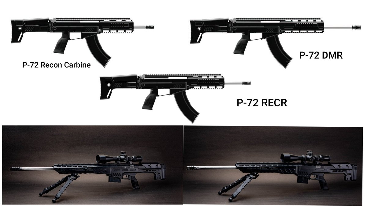 5/10  @sssdefence1a. P-72 Recon Carbine - 5.56×45mm and 7.62 × 39 mm1b. P-72 Designated Marksman Rifle (DMR)- 5.56×45mm and 7.62 × 39 mm1c. P-72 Rapid Engagement Combat Rifle (RECR)- 5.56×45mm and 7.62 × 39 mm1d. Saber- .338 Lapua Magnum 1e. Viper - 7.62×51 mm