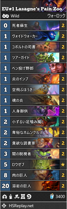 HS_WildDecks's tweet photo. EU#1 @lasagne_hs's 自傷zoo/Pain Zoo
↓DECKCODE↓
https://t.co/7K2nENZ174
「魂の炎」「人身御供」を採用し、自傷をしないzooとしての性能��備えた自傷zoo。「貪欲な読書家」を採用しており、自傷が上手く回らなかった時もzooとして立ち回ることが可能。 https://t.co/yhCesTuhfR