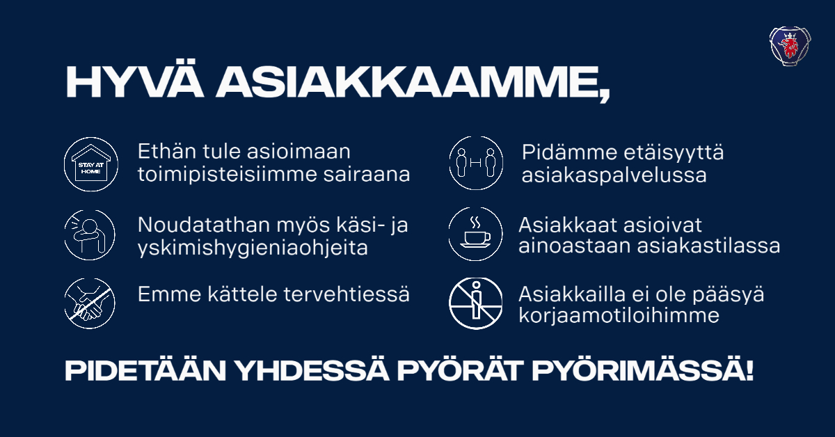 Arvoisa asiakkaamme, sinun huomaavaisuutesi ansiosta olemme saaneet pitää korjaamomme normaalisti toiminnassa läpi kevään ja kesän, kiitos siitä! Muistathan asiointiohjeemme myös tulevana syksynä vieraillessasi Scania-keskuksissa: scania.fi/asiakastiedote… #covid19 #koronavirus