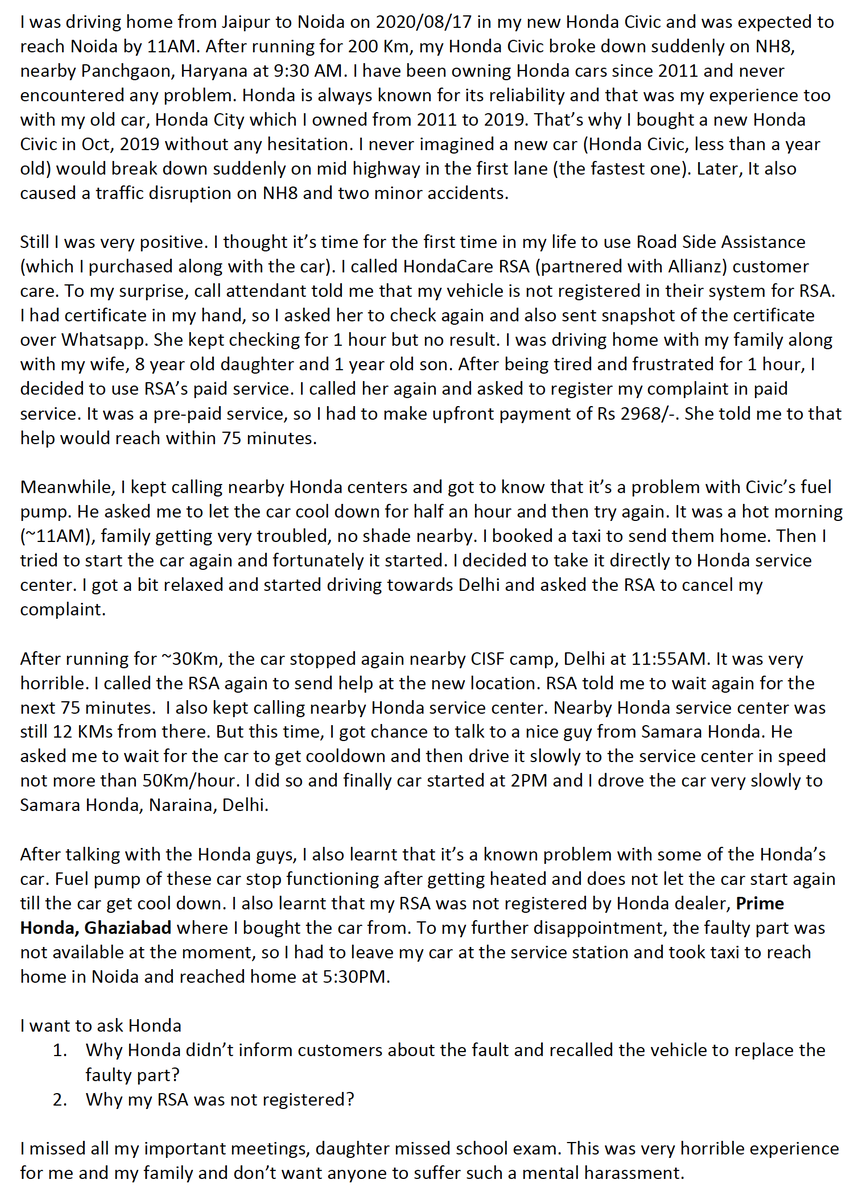 pkgoyal112's tweet photo. Horrible Experience with 2019 Honda Civic and RSA

I am writing this post to let Honda users
1. Be prepared for any sudden breakdown of their car.
2. Check with their RSA partner or Honda dealer whether their car is registered. 
@Honda @HondaCarIndia #Honda @PrimeHondaCcpl https://t.co/q7u8UcwZxM