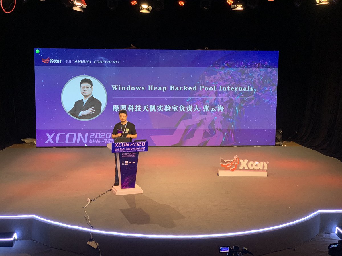 xconxfocus's tweet photo. XCon2020 online- Windows Heap Backd Pool Internals from Zhang Yunhai, head of NSFOCUS Tianji Lab. In-depth analysis of the details of how to implement the heap-based kernel pool, analysis of the attack surface of heap management, and demonstrate exploit techniques. https://t.co/4mBtQgxzsq