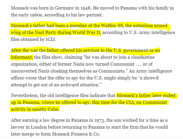 2/So, who are Mossack and Fonseca?Well, that's interesting."Mossack’s father had been a member of the Waffen-SS, the notorious armed wing of the Nazi Party during World War II, according to U.S. Army intelligence files obtained by ICIJ."