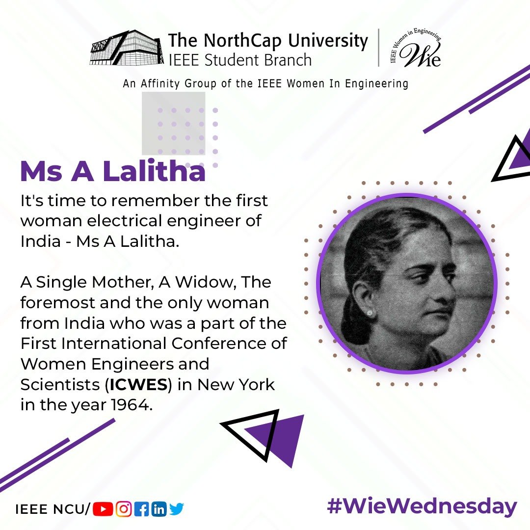 ieeewie_ncu's tweet photo. #wiewednesday post is out !
Check this out πΌ
Ms A Lalitha is widely regarded as the first #woman #electrical #engineer of #India.
She then became an associate member of the Council of the Institution of Electrical Engineers (#IEE) in 1966. https://t.co/FEUmTLGNZu