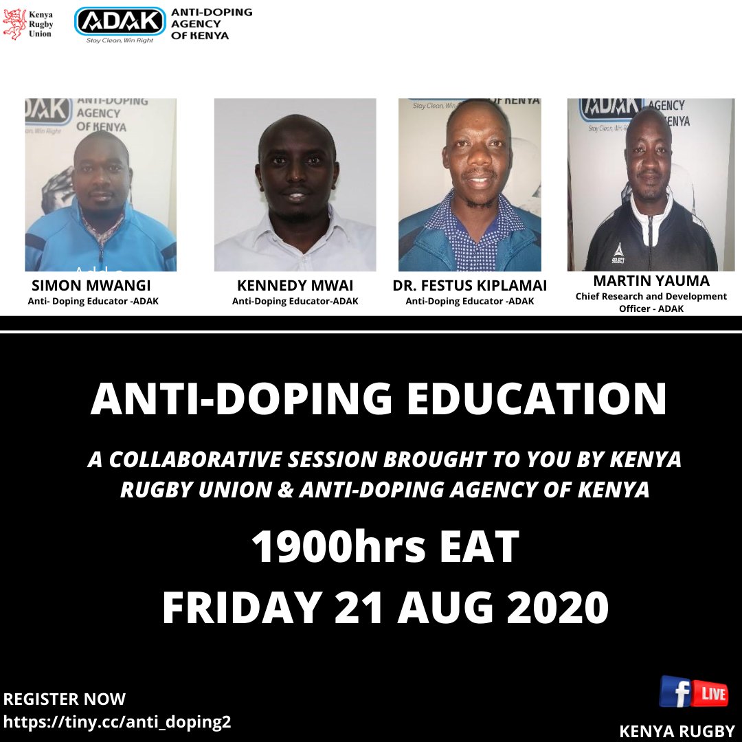 OfficialKRU's tweet photo. #StayClean
#WinRight
We conclude our Anti-Doping Education collaboration with @ADAKKENYA this week by covering Therapeutic Use Exemption, Athlete Whereabouts, Food Supplements & Nutrition, and Consequences of Doping
Registration and streaming platform details in poster https://t.co/HSZ3OcBOma
