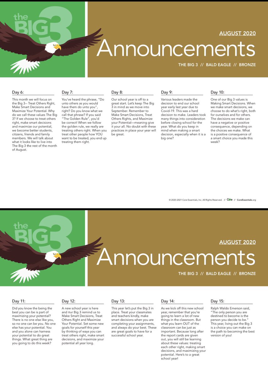 CEValues's tweet image. Lots of cool tidbits of information and inspiration in Week 2 &amp;amp; 3 Daily Announcements! #Big3 #eagles #coreessentialvalues