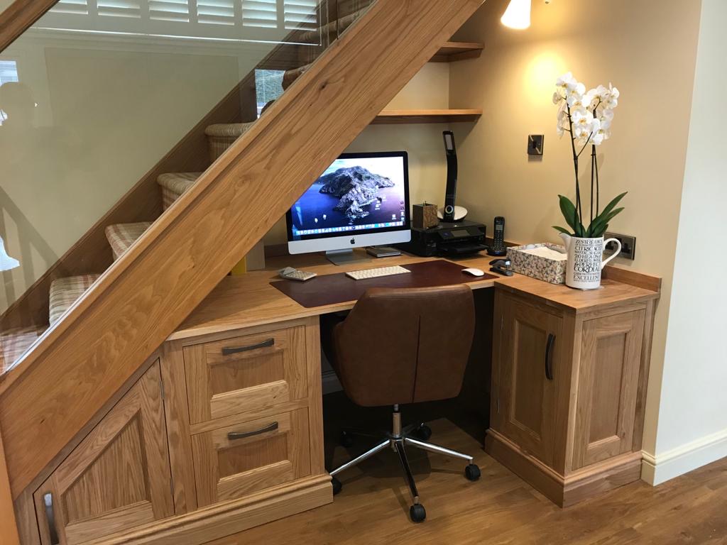 Creating the most of spaces in your home is what we do. A beautiful home study area nestled into the space under the stairs. If your looking to create a home study or workspace in your home get in touch, our talented designers and craftsman can help. holmetree.co.uk
