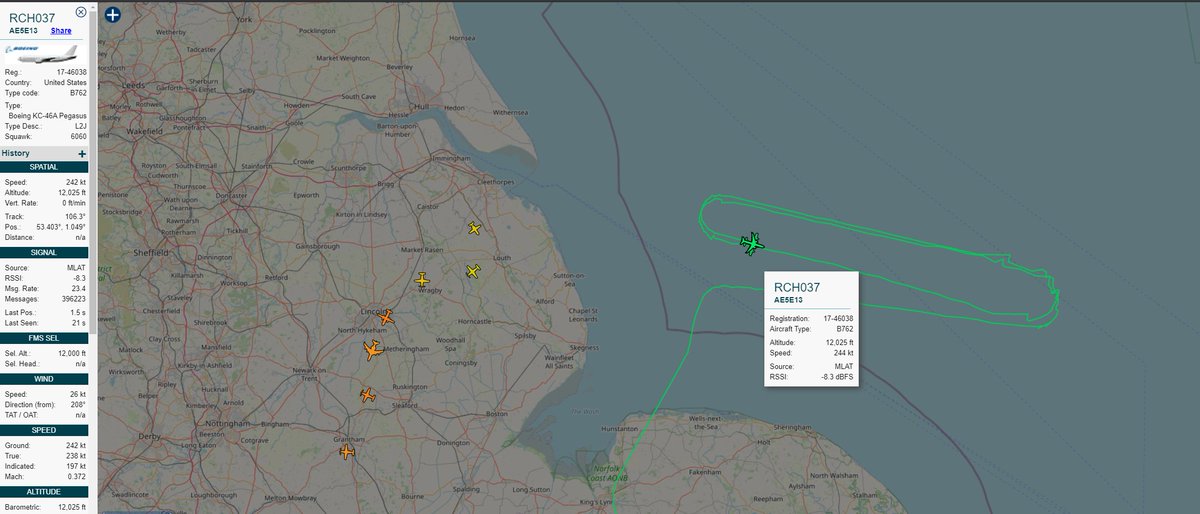 NorseIntel's tweet photo. 🇺🇸 US Air Force KC-46 17-46038 RCH037 seen in UK AARA8 with MC-130J 08-6205 STRIX67 in trail @ FL120. https://t.co/rZuuxQGi6g