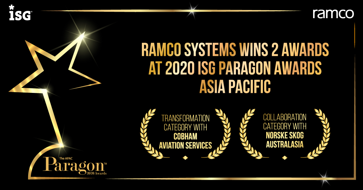 Proud winners at the 2020 <a href="/ISG_News/">ISG</a> #ISGParagonAwards, APAC! <a href="/RamcoSystems/">Ramco Systems</a> bagged the Transformation Award for enabling #DigitalTransformation at @Cobham_plc &amp; Collaboration Award for transforming the #ERP of <a href="/Norske_Skog/">Norske Skog</a>. To know more, read: hubs.ly/H0tQ7-F0
