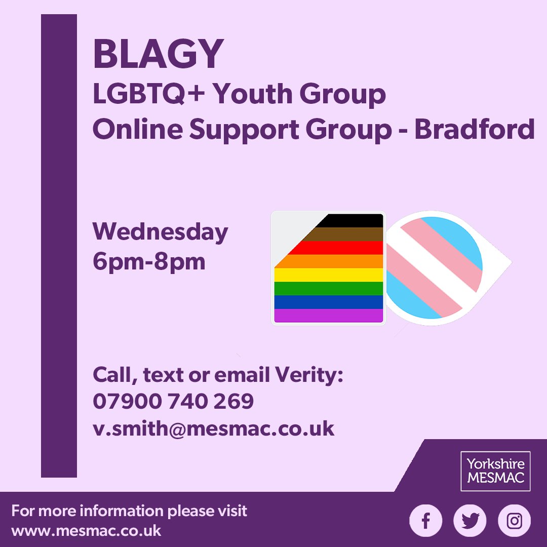 mesmachealth's tweet photo. Missing your LGBT friends and spaces? BLAGY Youth Group is still running online every Wednesday night! Contact Verity to join #StillHereForYou 💜
#lgbtq #younglgbtq #instagay #bradford #yorkshire #mesmac #bi #trans #gay #lesbian #queer #instaqueer #youthgroup #community #pride https://t.co/nJ5KBL1lZU