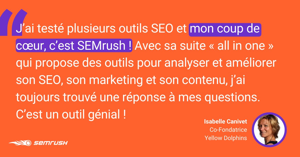 Semrush France (@semrush_fr) on Twitter photo "J’ai testé plusieurs outils #SEO et mon coup de cœur, c’est SEMrush !"
Merci <a href="/canivetisabelle/">Isabelle Canivet</a> 🧡 #JaimeSEMrush "J’ai testé plusieurs outils #SEO et mon coup de cœur, c’est SEMrush !"
Merci <a href="/canivetisabelle/">Isabelle Canivet</a> 🧡 #JaimeSEMrush