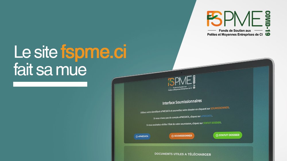 CoteDivoirePME's tweet photo. #FSPME #Covid19: 𝗨𝗻𝗲 𝗻𝗼𝘂𝘃𝗲𝗹𝗹𝗲 𝗶𝗻𝘁𝗲𝗿𝗳𝗮𝗰𝗲, 𝘂𝗻 𝗽𝗿𝗼𝗰𝗲𝘀𝘀𝘂𝘀 𝗽𝗹𝘂𝘀 𝘀𝗶𝗺𝗽𝗹𝗲!
Désormais, en vous rendant sur👉 https://t.co/Im78QrcdvH :
✅ Vous pouvez vous connecter à votre compte FSPME Covid-19
✅ Débuter le parcours de soumission sur ePMEDATA https://t.co/80UNU4yLPS