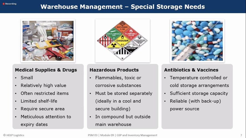 There are special storage needs for-
- medical supplies &amp; drugs
- hazardous products
- antibiotics &amp;vaccines

<a href="/zukynokeke/">Azuka Okeke</a> <a href="/KNSMOH/">Kano State Ministry of Health</a> <a href="/umehJC/">nonso umeh</a> <a href="/ARCSC_Hub/">ARCHub</a> <a href="/help_logistics/">HELP Logistics</a> <a href="/NaomiMuriithi_/">Naomi_Muriithi</a> <a href="/taiyeadewale1/">Taiye Adewale</a> <a href="/AnyanwokeChima1/">Anyanwoke Chimaroke</a> <a href="/BakuraOnyeneke/">Henrietta Bakura Onyeneke</a> <a href="/SAHealth_Kano/">Office Of S.A Health Kano State</a> <a href="/odinduka/">SUNDAY NDUKA</a> @ascm_org <a href="/WarehouseVisib1/">Warehouse  Visibility & Governance Project</a>