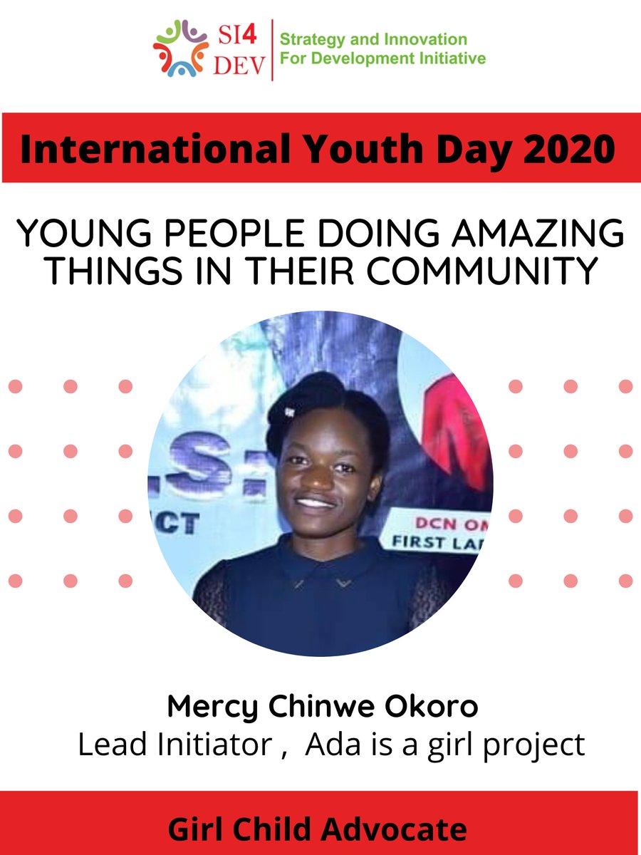si4dev's tweet photo. #WCW

Mercy Okoro is the founder of  Ada is a girl project, she is SI4DEV Alumni.  She works with teenage girls ,educating them in teenage pregnancy and career development. Below is her story
https://t.co/F6gCkqDL9w

#WCW #wednesday #adaisagirl #si4dev https://t.co/Qx6Np7MFT7