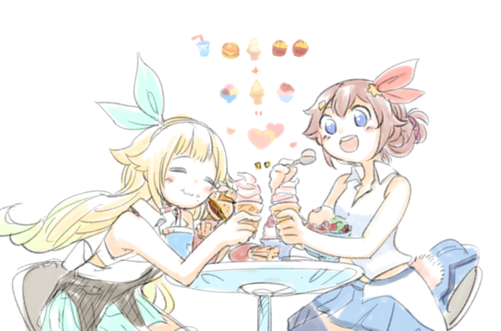 tokino sora multiple girls 2girls food blonde hair skirt blue eyes star (symbol)  illustration images