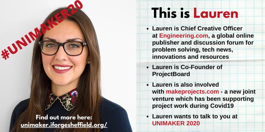 This is @LBaldesarra87 CCO at <a href="/engineeringcom/">Engineering.com</a> &amp; Co-Founder of ProjectBoard, and she will be joining us at our #UNIMAKER20 #makerspace #online event 7th-8th Sept! Find out more 👉 unimaker.iforgesheffield.org #makerspaces #make #makemovement #sheffieldissuper @iForge_sheff