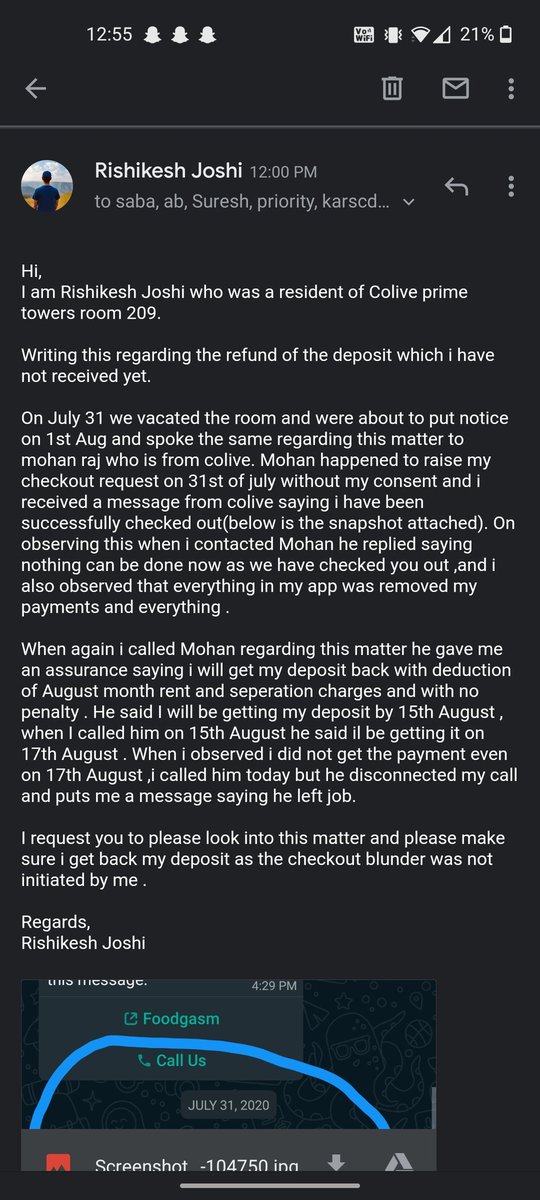 RishikeshJosh19's tweet photo. Hello writing this regarding about a property where i stayed on rent for one year in Bangalore ,which is 'Colive'. Who fraud people by not returning the deposit amount.Attached is the mail with details.Please share it . @sureshrangaraj  @Lets_Colive @consumerforum_ . https://t.co/1ArL5kSU86