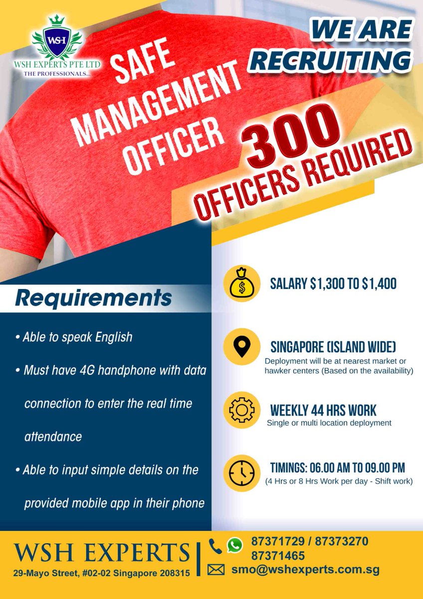 We are hiring!!

Safe Management Officers!!! 🦸‍♀️🦸‍♀️🦸‍♀️

300 officers required

Call us at @ +65 87371465, 87371729, 87373270 📞📞📞

#JobsSingapore #singaporejobsearch #sgjobseeker #sgjobs

#sghiring #sgjobsearch #jobssingapore #jobsg

#singaporejobvacancy

#recruitmentsingapore