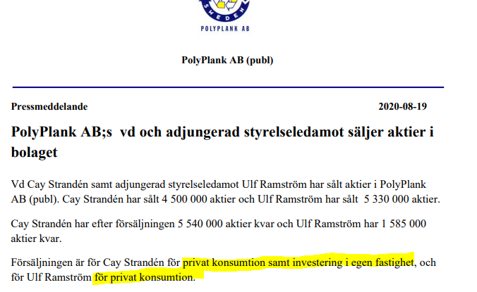 Borsredaktion's tweet photo. Ändå befriande ärliga motiveringar. Sålde för drygt 3 mkr vardera. $POLY #Polyplank https://t.co/gwkBjXEe9g