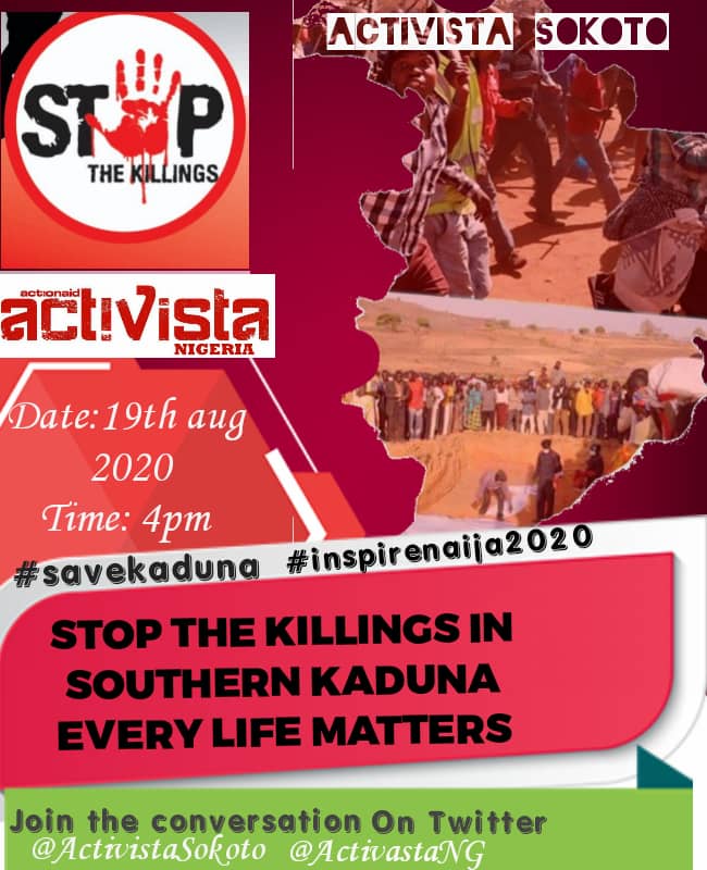 Join us today as we call on the Government and Security agencies to put an end to the endless killings going on in Southern Kaduna. #Alllivesmatter #savekaduna #inspirenaija2020 <a href="/ActivistaNG/">ActivistaNigeria</a> <a href="/ActionAidNG/">ActionAid Nigeria</a> <a href="/Omoogun01/">Adewale🌶🫑</a> <a href="/__Marfil/">cat eyes 💕</a> <a href="/abakpa_jonathan/">Soweto</a>