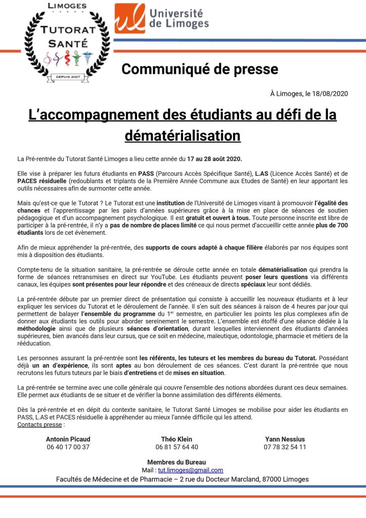 TutoratLimoges's tweet photo. Le Tutorat Santé Limoges se mobilise malgré le contexte sanitaire pour l'accompagnement des étudiants en première année de santé. 
@unilim @tutorats_sante @ANEMF  @ANESF_FR @Pharma_ANEPF @La_FNEK @UNECD @lepopulaire_fr @F3Limousin https://t.co/EbEYRP5ZPj