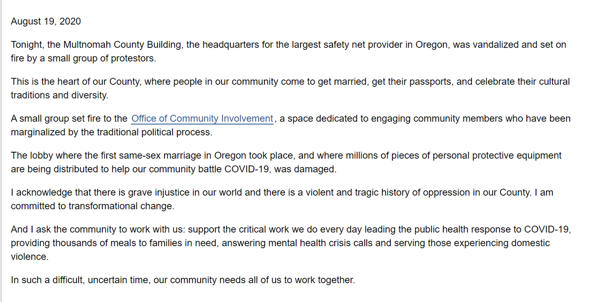 Multnomah County Chair Deborah Kafoury's statement on the vandalism & arson https://multco.us/multnomah-county/news/statement-chair-deborah-kafoury-incident-multnomah-county-building