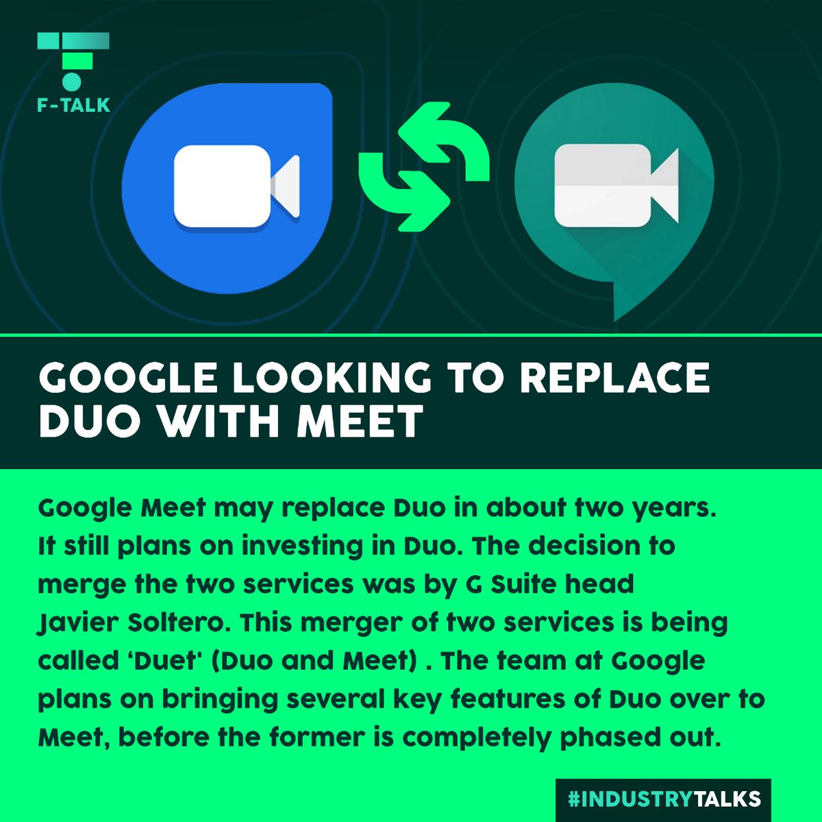 ftalkshowglobal's tweet photo. The #pandemic had led to a massive increase in demand for #videoconferencing services. #Google is planning to merge Duo, the #videocalling service, with Meet, the video conferencing service.
Read the full news on: https://t.co/f4dV8trrj2
#App #Covid #Newsoftheday #ftalk https://t.co/bWWlWfdpul