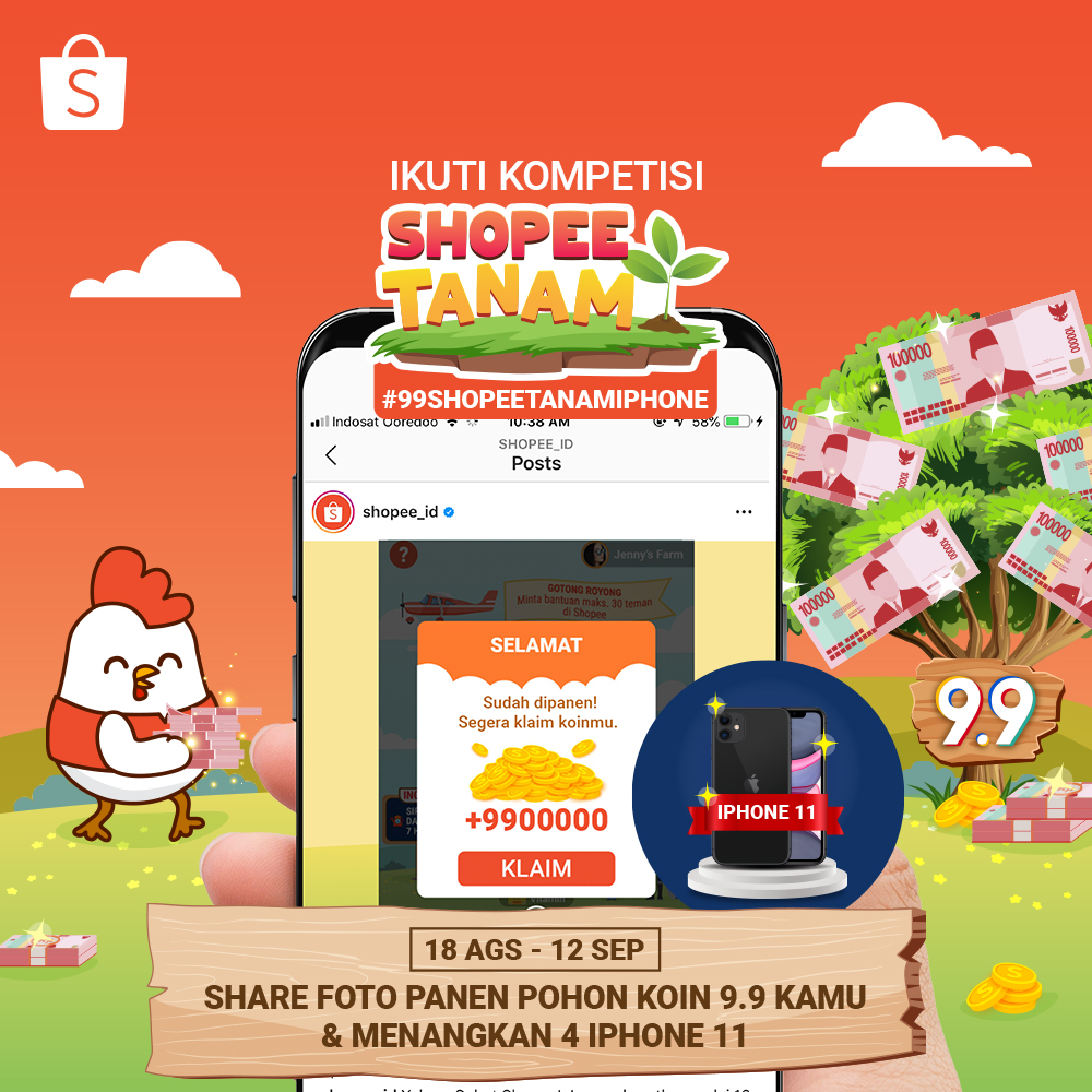 ShopeeID's tweet photo. Caranya:
1. FOLLOW @shopeeID
2. RT &amp; LIKE tweet ini
3. Buka Shopee &amp; klik banner #99ShopeeTanamIphone
4. Mainkan Shopee Tanam 9,9JT di aplikasi Shopee
5. Post screenshot hasil panenmu dengan  #99ShopeeTanamIphone
6. Periode kompetisi 18 Agustus-12 September 2020 (23:59 WIB) https://t.co/L6TUJnYMRH