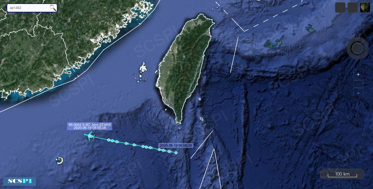 SCS_PI's tweet photo. Aug 19: 
USAF E-8C headed for #Guangdong.
USAF RC-135S hovered over #Okinawa intensively, which was probably observing on ballistic targets.
Meanwhile, USAF RC-135W was also spotted over the #SouthChinaSea. https://t.co/P4lfRRXfxh