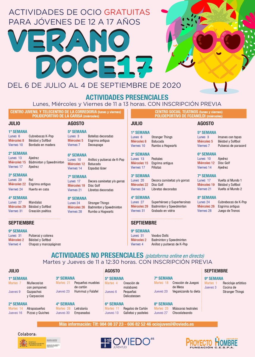 aytoviedo's tweet photo. 🗣El Programa Ocio Juvenil de sigue realizando actividades gratuitas hasta el 4 de septiembre  para menores de entre 12 y 17 años⛹️‍♀️🤸‍♂️. Hay actividades presenciales  lunes, miércoles y viernes, de 11 a 13 h y talleres en directo desde casa #DOCE17  👉 https://t.co/G8A9uD7Kbl https://t.co/VVPrzH0Kf3