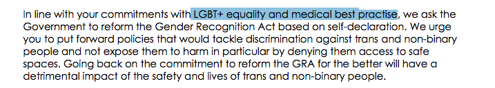 How is a change to the administrative process for someone to change their legally recorded sex "medical best practice"What has it got to do with LGB equality? These are meaningless statements