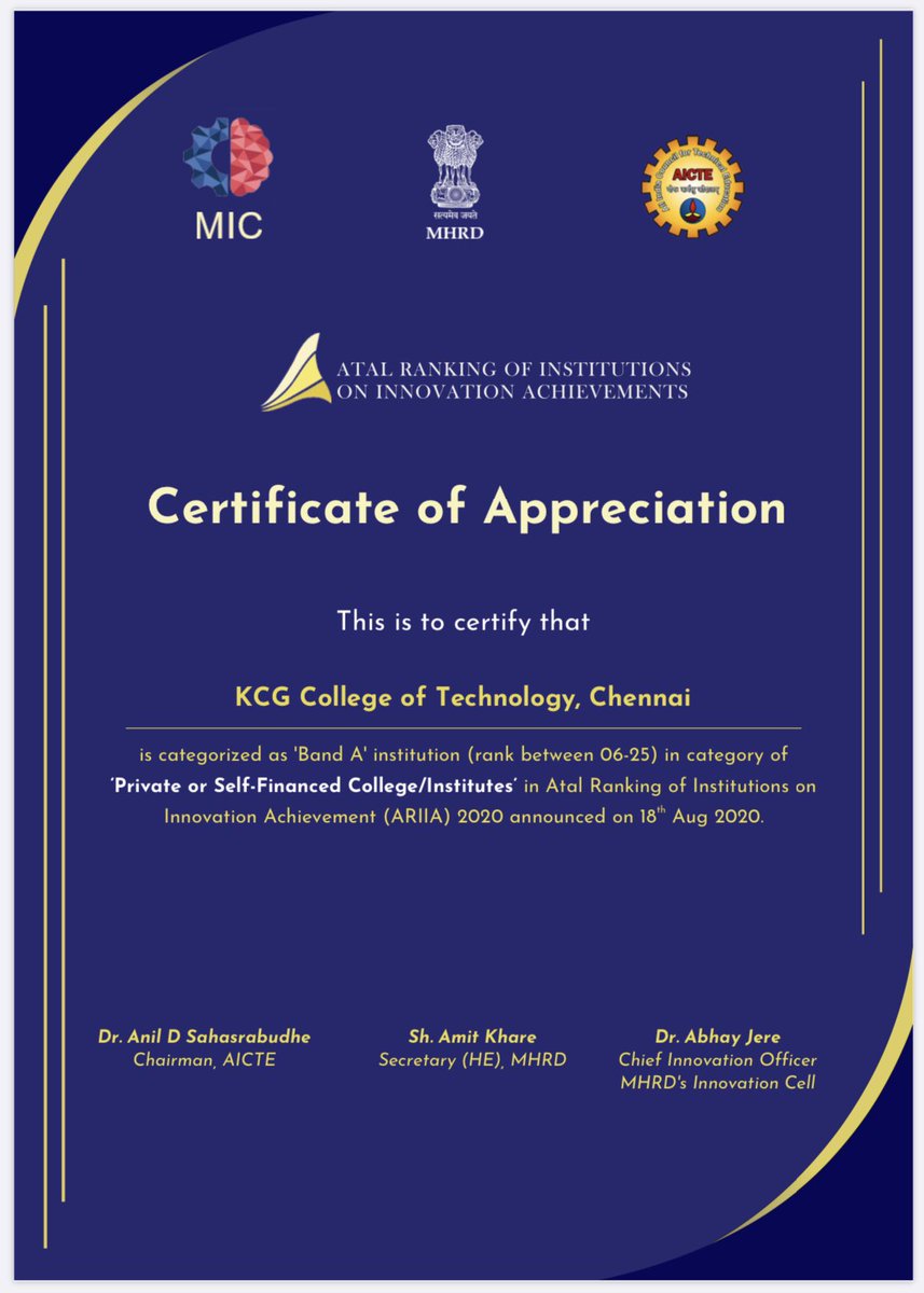 KCGtechnology's tweet photo. We are very proud and happy to announce that KCG College of Technology is ranked in the top 25th by Atal Ranking of Institutions on Innovation Achievements (ARIIA) @atal_aicte
#KCGCollege #KCGStudentlife #admissions2020 #ranking #ARIIA #ARIIAranking #ARIIAranking2020 #ARIIA2020 https://t.co/b9ZRIVdd2A