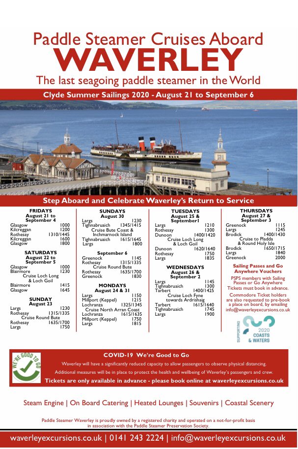 Great news. The Waverley is going to be sailing in the area this season. She will be stopping at Blairmore Pier every Saturday for 3 weeks, starting this Saturday. Below is the timetable. #waverleypaddlesteamer #visitcowal #wildaboutargyll