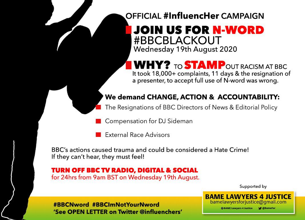 estherarmah's tweet photo. @BBC used the N word on air.
They defended it
1000s of complaints
1 resignation
1 eventual public apology
A group of 100 Black British women called @Influenchers are demanding action & accountability.
Wed 19th August = #BBCBlackout Day.
No TV
No radio
No iplayer
No digital https://t.co/hsNxrzwU8N