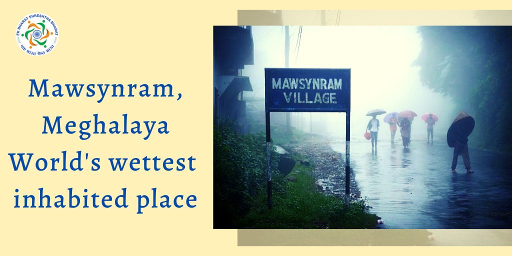EBSB_Edumin's tweet photo. #Didyouknow Mawsynram in Meghalaya is the wettest inhabited place in the World. It gets about 11,873 millimetres of rain owing to its proximity to the Bay of Bengal. The town holds a Guinness record for highest average annual rainfall. Monsoon preparations start here in winters https://t.co/HDXfzhehDa