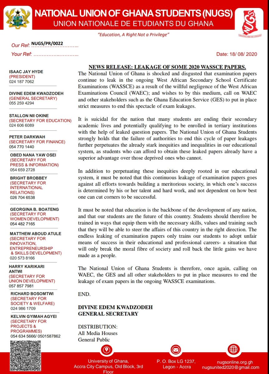 NUGSOfficial's tweet photo. "The endless leaking of exam papers only trains our students to adopt unfair means of success in their educational and professional careers- a situation that will only break the moral fibre of society"

Statement by NUGS on the leakage of papers in the ongoing WASSCE. https://t.co/qT84AfCPjm